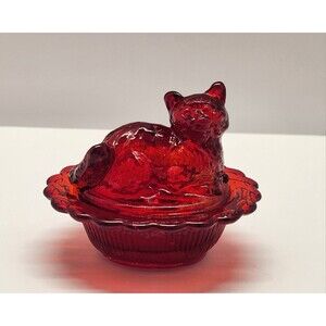Mosser Red Glass Cat on Basket Kitty Salt Cellar / Hen On Nest Glows